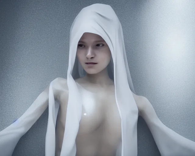 Prompt: a film still of a synthetic female human wrapped in white cloth, in neotokyo, cinematic lighting, high resolution, 4 k