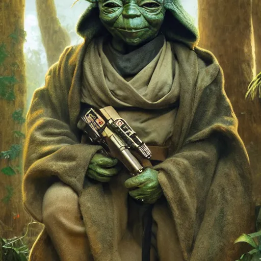 Image similar to an extremely detailed matte painting of a ridiculously good looking yoda that looks like a jewish gigachad in the vietnam war, wearing a ballistic helmet from patton, long curly hair, camouflaged gear, very detailed, jungles of vietnam beautiful, intricate, cinematic, artstation, william bouguereau, alphonse mucha, greg rutkowski, stanley kubrick, octane render