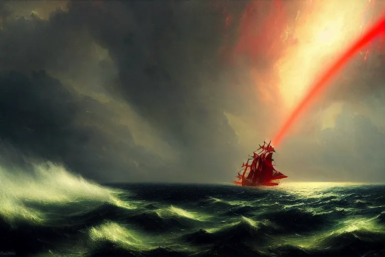 Image similar to A beautiful matte painting of huge spherical alien spaceship attacking with powerful red lasers a Sailship in ocean in thunderstorm by Greg Rutkowski and Ivan aivazovsky