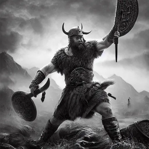 Prompt: viking, dramatic lighting, highly detailed, epic battle scene, black and white, wlop, artgerm