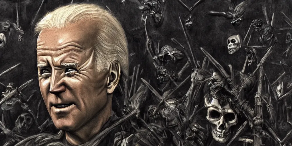 Image similar to biden in dante's inferno painting, crows, skeletons, crosses, dark beauty, rotten gold, perfect faces, extremely detailed, cinema 4 d, unreal engine.