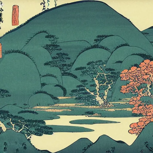 Image similar to painting of a lush natural scene on an alien planet by katsushika hokusai. beautiful landscape. weird vegetation. cliffs and water.