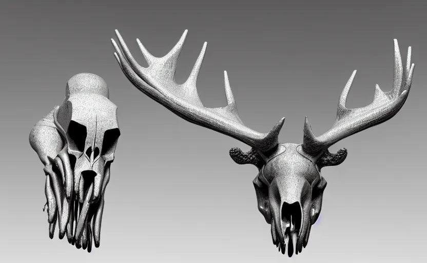 Image similar to stylized shiny polished silver statue full body extra limbs bizarre cosmic horror quadruped animal moose deer skull four legs made of marble of slug creature tendrils, perfect symmetrical body, perfect symmetrical face, hyper realistic, hyper detailed, by johannen voss, by michelangelo, octane render, blender, 8 k, displayed in pure white studio room austere