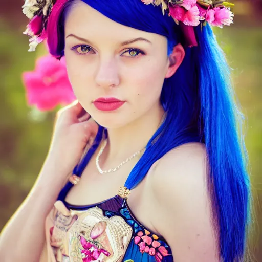 Prompt: dslr photo of a pretty young woman, full bodied portrait, with blue hair, sitting on a bench wearing a flower skirt, and body and wearing hemp sandals and a very detailed ruby necklace around neck, artgerm, artstation, very high quality face, intricate details, extremely high quality, moody lighting, real camera, real photo, 8 k, full subject in shot