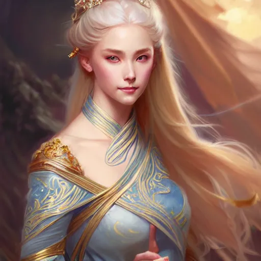 Image similar to elegant Chinese princess, D&D, blue eyes, blonde hair, fantasy, intricate, elegant, highly detailed, digital painting, artstation, concept art, smooth, sharp focus, illustration, art by artgerm and greg rutkowski and alphonse mucha