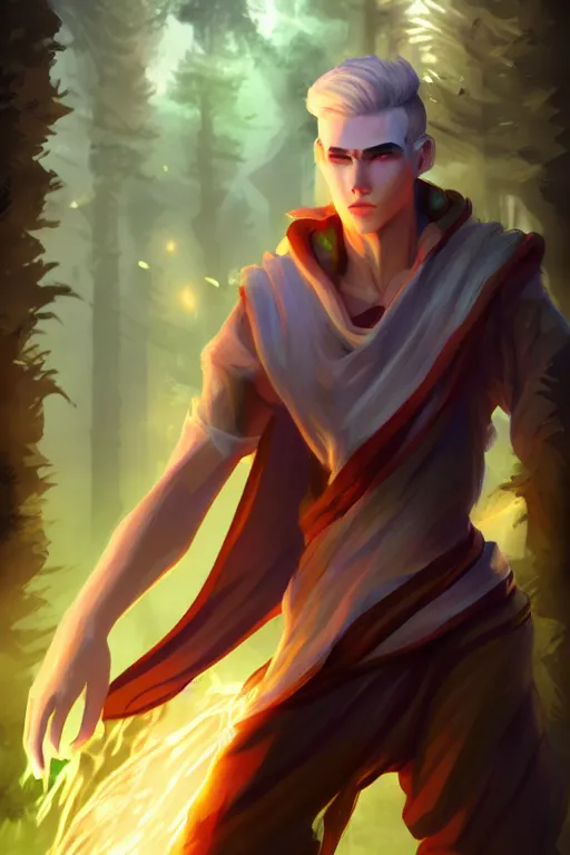 Image similar to a human elemental sorcerer, forest setting, colorful magic, male, white skin, young, sharp, concept art, dynamic lighting, unreal engine