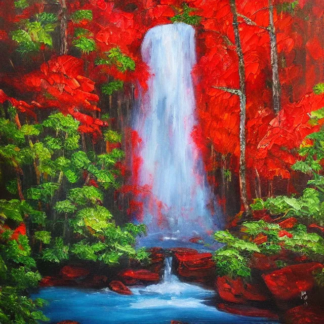 Prompt: red waterfall in a colorful forest, oil painting