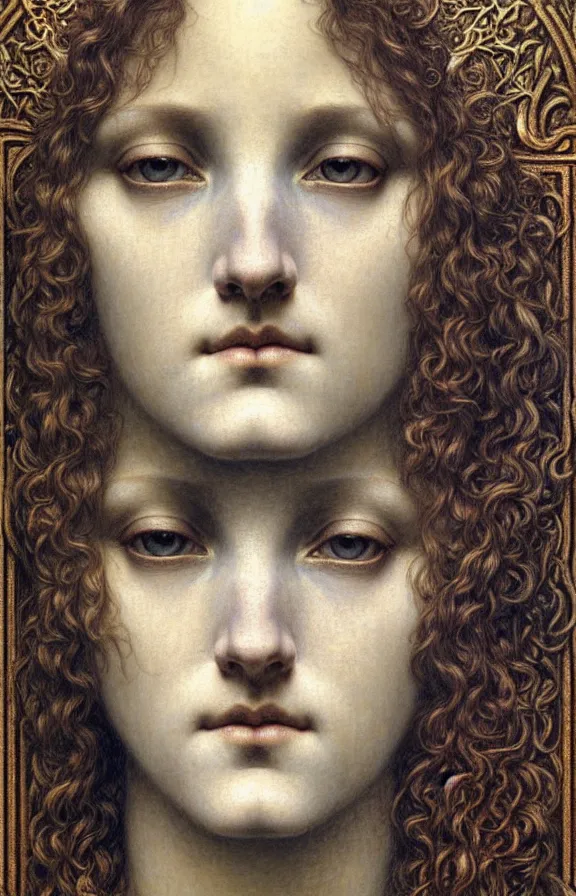 Image similar to detailed realistic beautiful young medieval queen face portrait by jean delville, gustave dore and marco mazzoni, art nouveau, symbolist, visionary, gothic, pre - raphaelite. horizontal symmetry