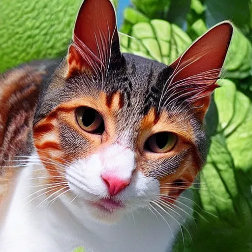 Image similar to a perfect hybrid fusion of the flesh : cat + watermelon + bee