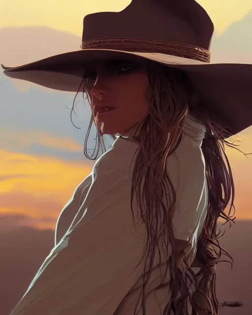 Prompt: the shadow, a gorgeous woman, a native American feather scarf, beige cowgirl hat, western jacket and a bokeh western desert background at sunset, highly detailed, hard light digital painting, artstation, concept art, sharp focus, illustration, inspired by greg rutkowski and alphonse mucha
