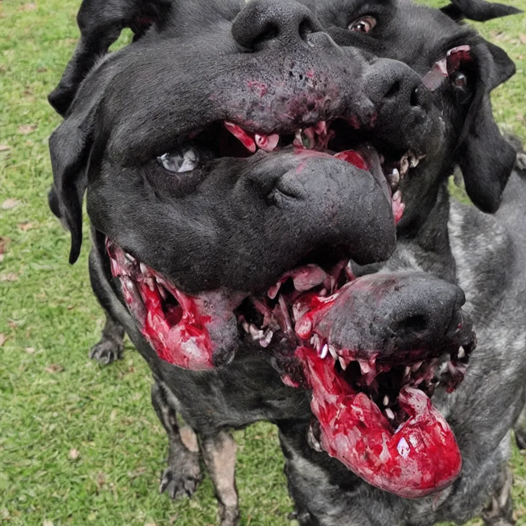 Image similar to horrifying and demonic dog with bloody fangs