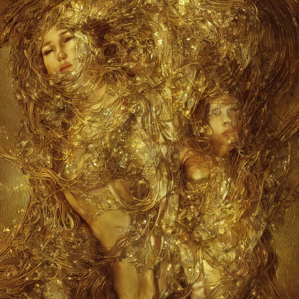 Image similar to human body with thin golden lines, transparent crystals and textiles, Art Nouveau, Alphonse Mucha, cinematic realistic photo, octane render