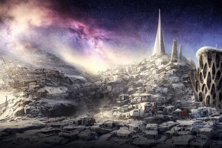 Image similar to favela twisting spaceship cathedral, snowy arctic environment, industrial factory, cliffs, peaks, bright, milky way, award winning art, epic dreamlike fantasy landscape, ultra realistic,