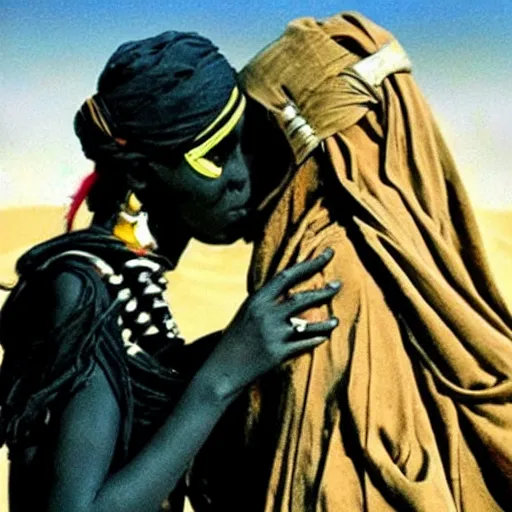 Image similar to a sand wraith kissing a handsome tuareg. Amazing detailed movie still