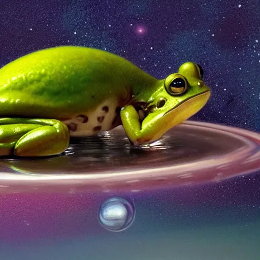 Image similar to medium close - up shot of a very cute and relaxed alienfrog floating through space, concept art, by esao andrews, by m. w. kaluta, by pixar, volumetric light, rich colors, very humorous!!!, realistic reflections, smooth, depth perception, tilt shift, 4 k, unreal engine 5, artstation