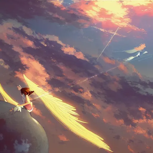 Prompt: Flight of the Icarus of the Flaming Wing, Anine style detailed, 4k hd, artstation, digital illustration by Makoto shinkai and Studio Ghibli, Kyoto Animation, featured on pixiv