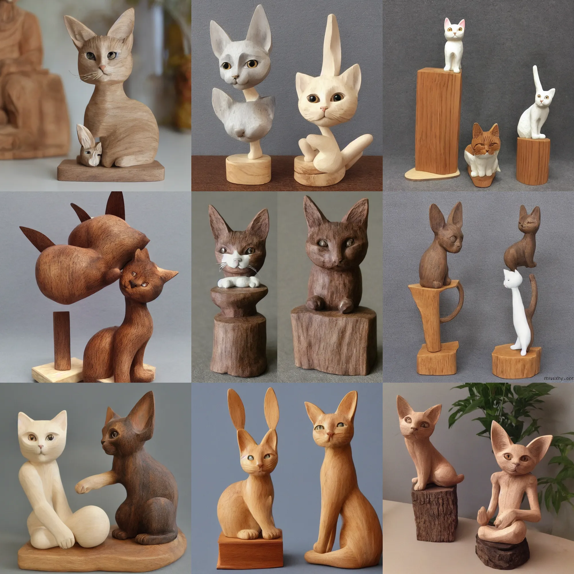 Prompt: realistic a wooden sculpture, art toys collection on a pedestal, a very cute figurine cat's ears in a zen rebelle