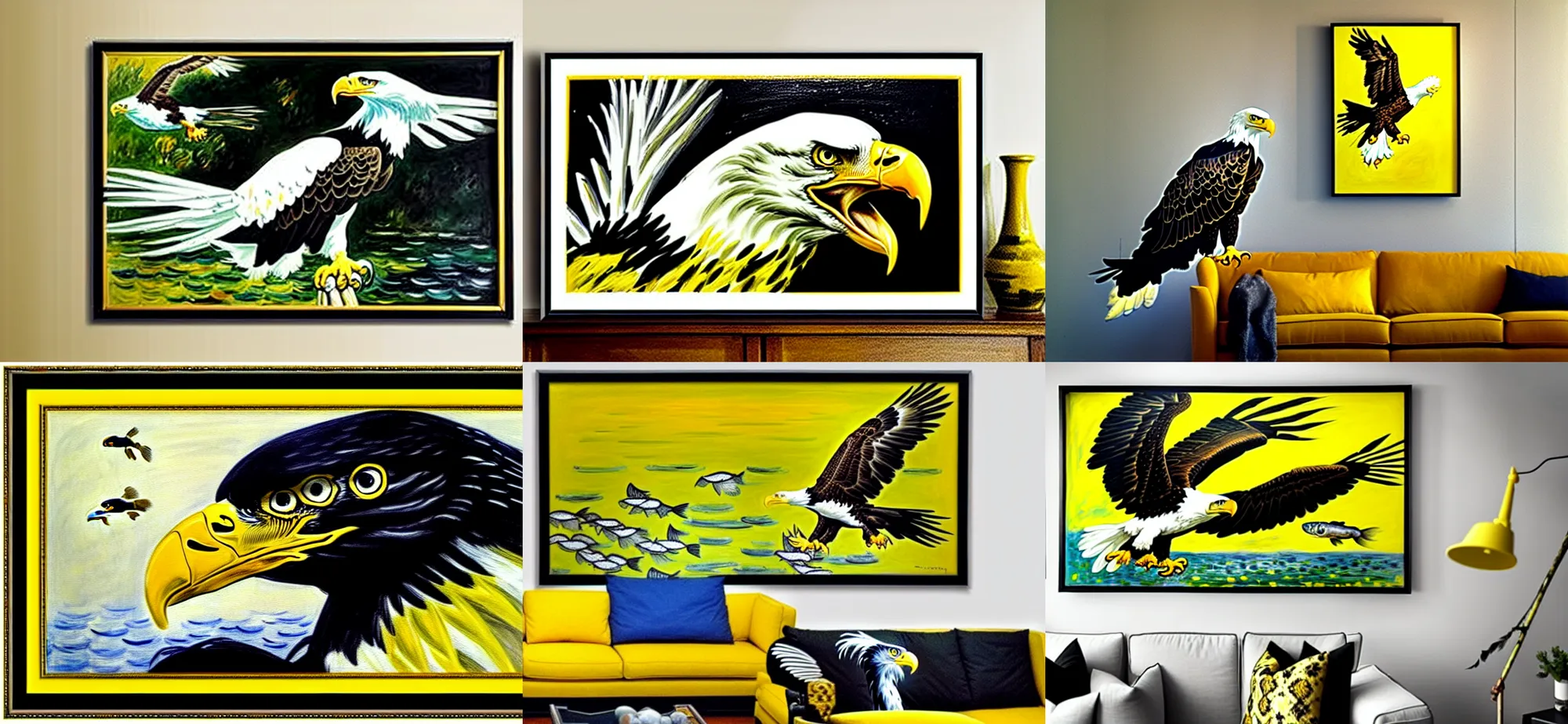 Prompt: framed black and yellow and white painting of an action shot of bald eagle with fish, hanging over multicoloured couch, monet, realism