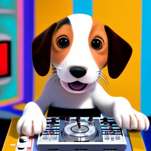 Image similar to puppy as a happy DJ, 8k, by Pixar