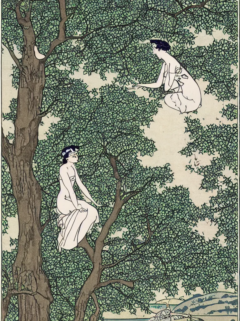 Prompt: an illustration of a woman near a tree on the bank of a river by george barbier,