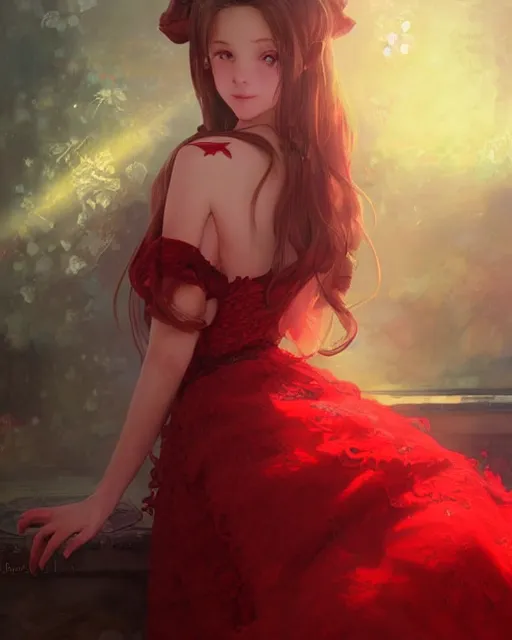 Image similar to aerith gainsborough in red lace skirt, portrait, illustration, rim light, top light, perfectly shaded, soft painting, art by krenz cushart and wenjun lin