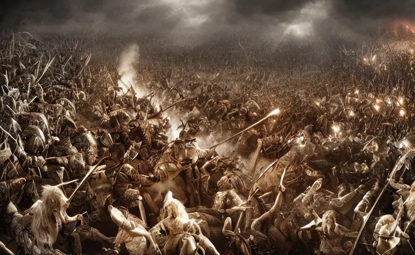 Image similar to stunning photograph of the battle of the pelennor fields, detailed, by erwin olaf, joop geesink, jim henson, brian froud, 8 k resolution, beautiful lighting, studio light, extremely detailed, establishing shot, realistic materials, hyperrealistic