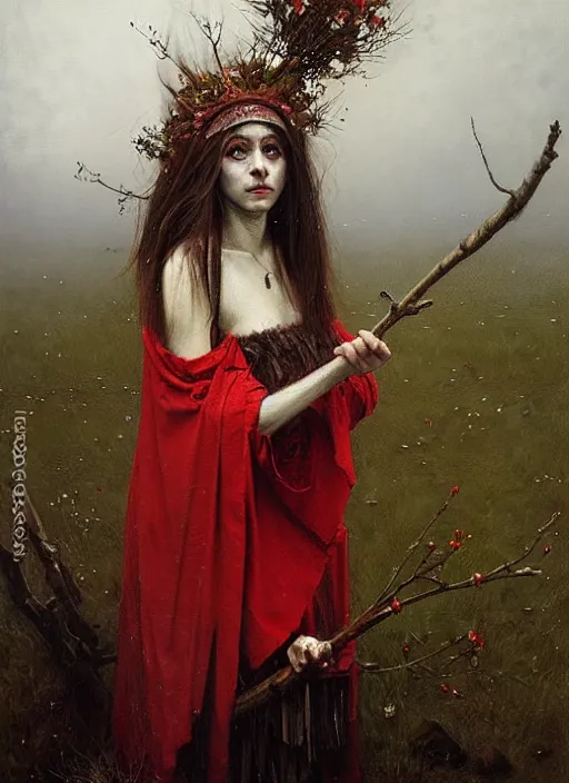 Prompt: portrait of morana, marzanna, morena : slavic goddess associated with seasonal rites based on the idea of death and rebirth of nature : jakub rozalski