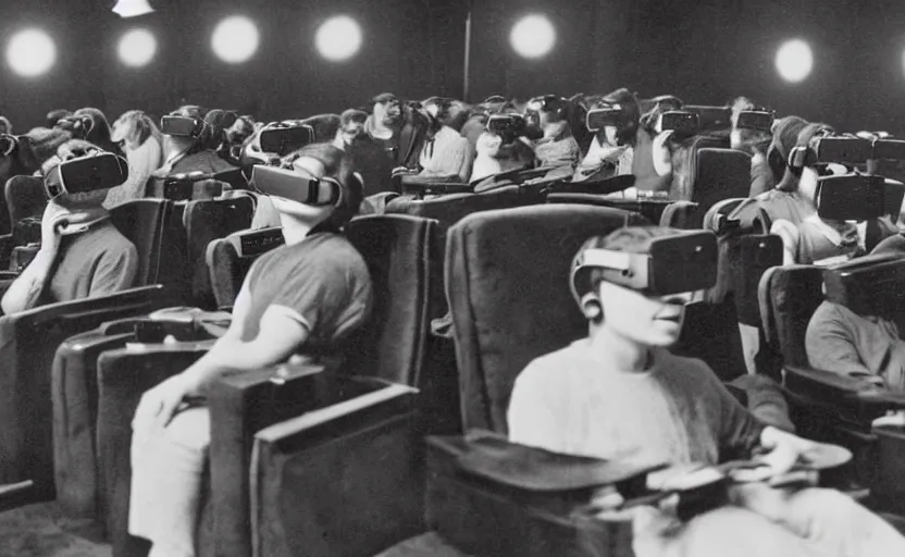 Image similar to 1 9 0 0 s photo of people wearing virtual reality headsets vr in a movie theater masterpiece