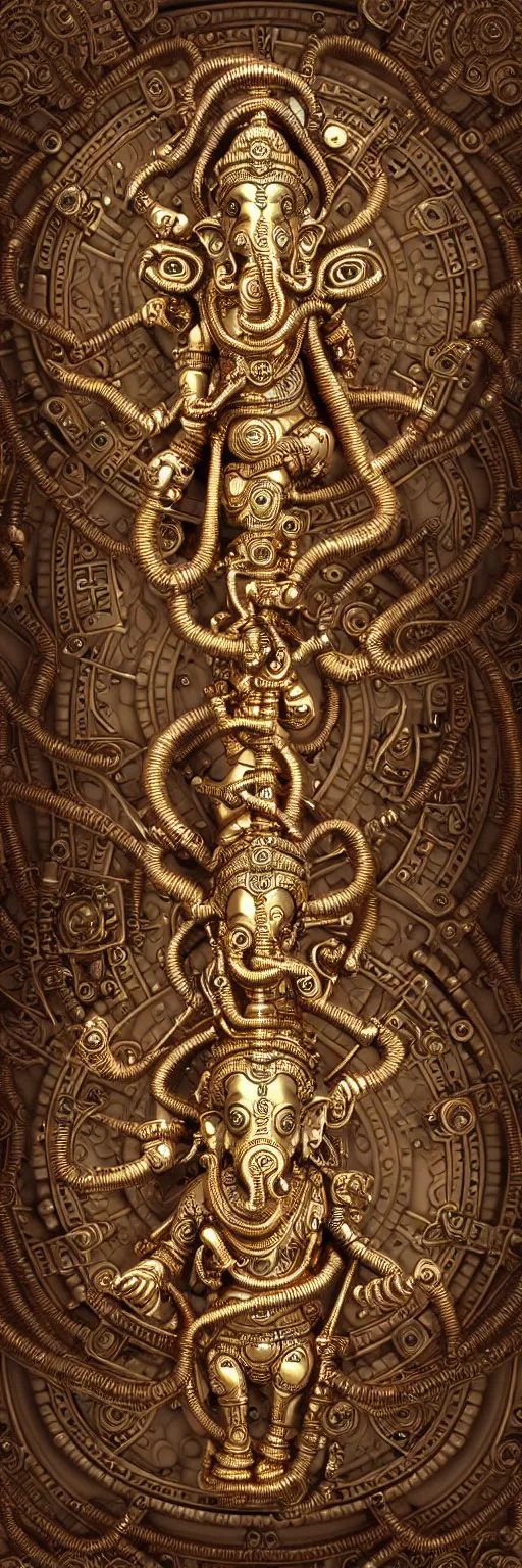 Image similar to seamless pattern of steampunk cybernetic biomechanical hindu god ganesha, 3 d model, very coherent symmetrical artwork, unreal engine realistic render, 8 k, micro detail, gold white plastic and steel intricate, elegant, highly detailed, digital painting, artstation, smooth, sharp focus, illustration, artgerm, tomasz alen kopera, wlop