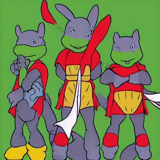 Image similar to teenage mutant ninja rabbits, heroes with a cotton tail!