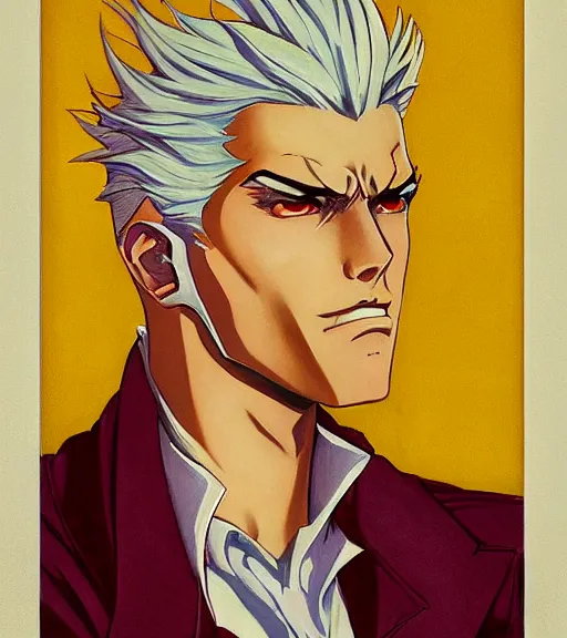 Prompt: j. c. leyendecker painting of an anime vergil from dmc, direct flash photography at night, film grain