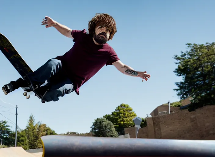 Image similar to dslr photo still of peter dinklage on a skateboard flying through the air, 4 k, 1 2 0 mm f 1 6