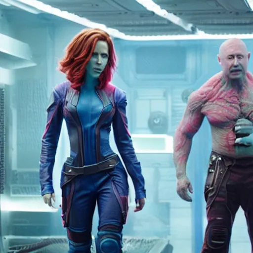 KREA - film still of bald and blue Scarlett Johansson as Nebula in  Guardians of the galaxy