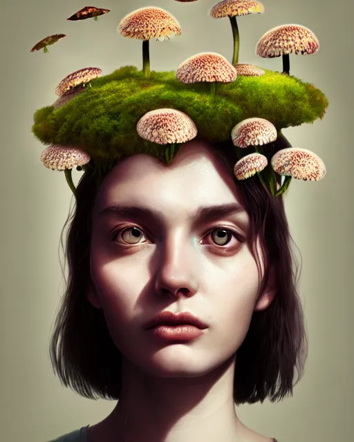 Prompt: a digital portrait of a beautiful sad woman with flowers and fungus growing out of her head and eyes, intricate, sharp focus, digital illustration, highly detailed, octane render, digital painting, matte, art by professional artist