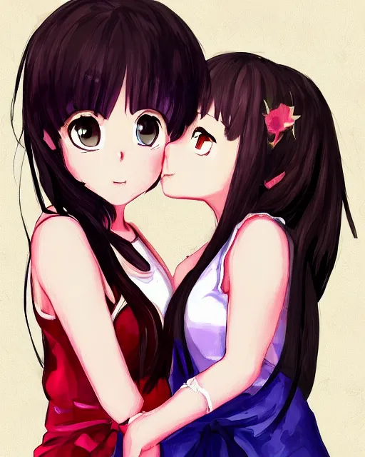 Image similar to portrait of two girls kissing, anime, trending on Artstation