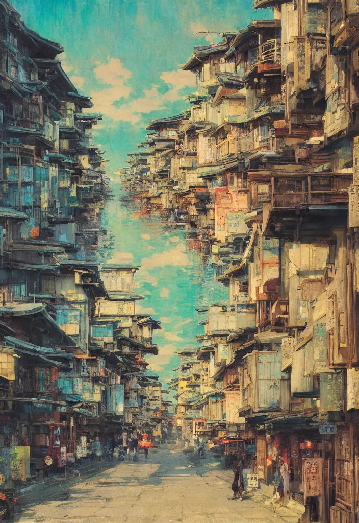 Image similar to a beautiful japanese city near the sea, ryokans and edo era houses, cyberpunk, lofi vibe, colorful, oil painting in impressionist style, by jeremy lipkin, john berkey, claude monet, dino valls, by makoto shinkai, multiple brush strokes, inspired by ghibli, masterpiece