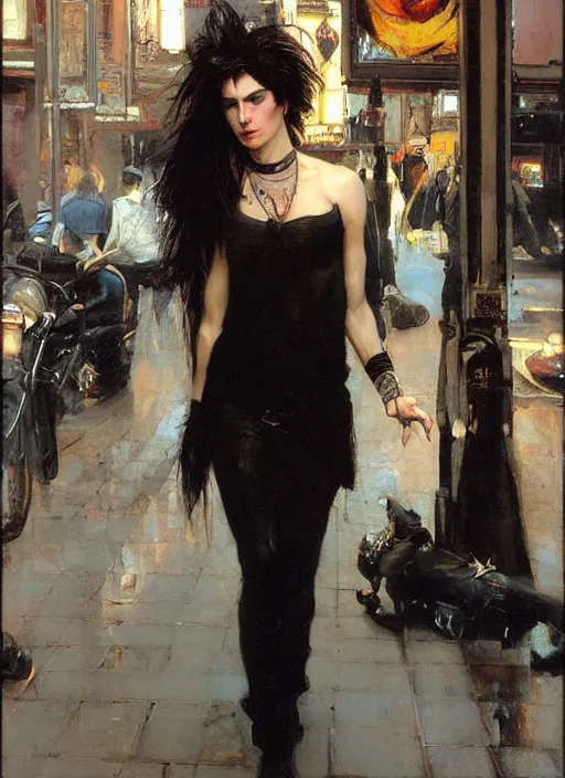 Prompt: androgynous glam rocker outside cbgb in the style of phil hale, sfumato Orientalist portrait by john william waterhouse and James Gurney, Syd Mead, Phil Hale, oil on canvas. Cinematic, hyper realism, realistic proportions, dramatic lighting, high detail 4k