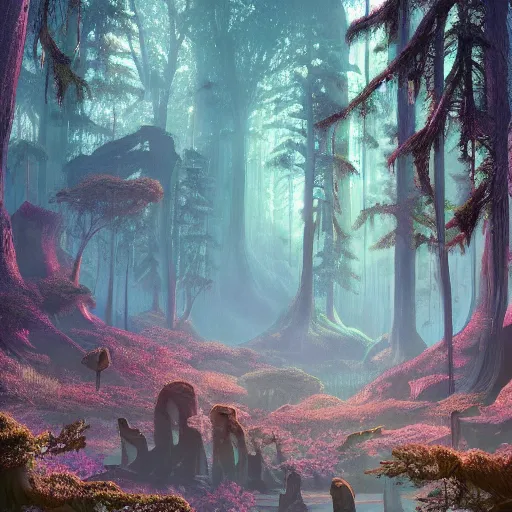 Prompt: forest in the morning light, fantasy science fiction hyper detailed digiital illustration, trending on artstation