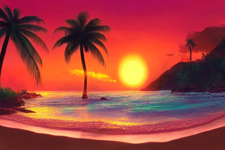 Image similar to beautiful digital painting of a fantasy tropical island beach, with large sun on the horizon, at sunset, trending on artstation, purple orange red color scheme, 4 k, atmospheric effects, cinematic lights