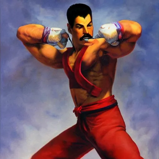 Image similar to freddy mercury as ryu from street fighter, painting by frank frazetta, 4 k, ultra realistic, highly detailed,