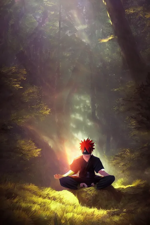 Image similar to photorealistic dark fantasy concept art of Naruto meditating in a forest, dynamic lighting, stunning visuals, realism, cinematic, hyper detailed, ultra detailed, beautiful visuals and sunset