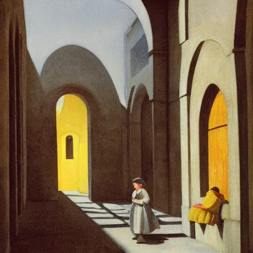 Image similar to in the distance, a little girl with short black hair and wearing a yellow coat alone in the inner courtyard of a cloister in an abbey, the light is bright and wintry, painting by hopper and de chirico