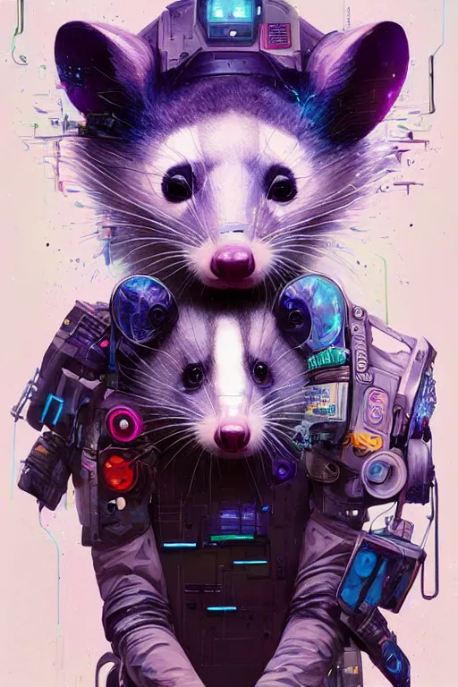 Image similar to a beautiful portrait of a cute cyberpunk opossum by sandra chevrier and greg rutkowski and wlop, purple blue color scheme, high key lighting, volumetric light, digital art, highly detailed, fine detail, intricate, ornate, complex, octane render, unreal engine, photorealistic