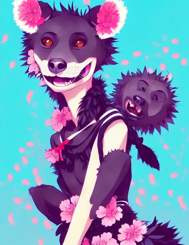 Image similar to a cute anthropomorphic hyena girl anthro wearing a black hibiscus ribbon, city background, very anime!!! kawaii!! furry!! intricate details, aesthetically pleasing pastel colors, scenic background, art by conrad roset and ilya kuvshinov. trending on deviantartstation