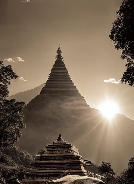 Prompt: hyper realistic and detailed vintage photo of a nepalese temple with rays of the sun shining though smoke and dust with himalayan peaks behind by national geographic