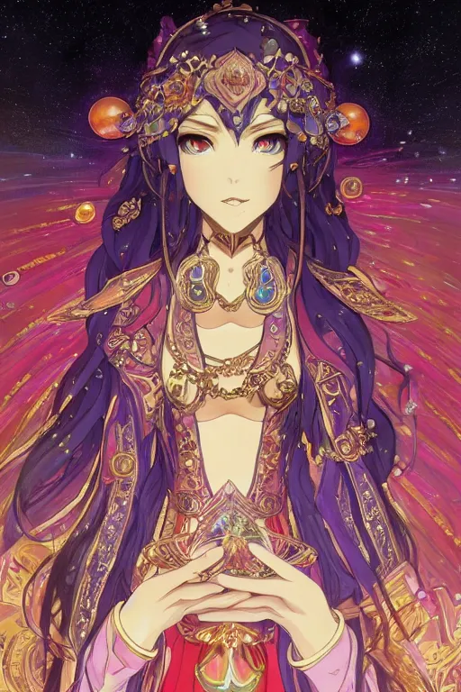Image similar to psychedelic, intricate, highly detailed, anime, 4k, a beautiful seductive lucina from fire emblem holding a crystal containing the universe, with professional makeup, long trippy hair, surrounded by gems, underneath the stars, trending on patreon, deviantart, twitter, artstation, volumetric lighting, heavy contrast, by artgerm and Ilya Kuvshinov and alphonse mucha