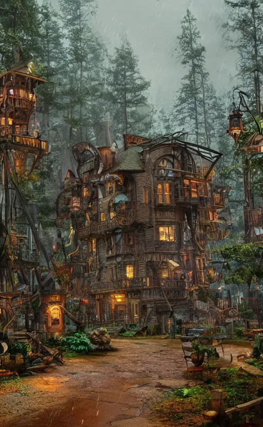 Image similar to a steampunk village in a forest, surrounded by giant trees, in the rain, photo realistic, junk everywhere, atmospheric, 8k