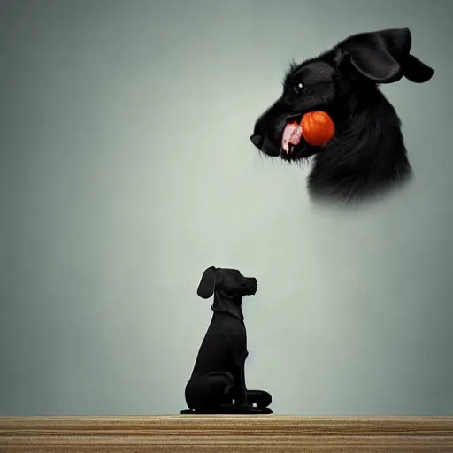 Prompt: A beautiful conceptual art of a large black dog with teeth bared, looming over a small white rabbit. The rabbit looks terrified, and the dog seems ready to attack. felt pieces by Jeannette Guichard-Bunel manmade