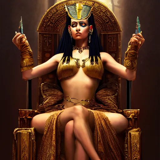 Image similar to Cleopatra on her throne, beautiful eyes, full body, fantasy, beautiful face, medieval, vivid colors, elegant, concept art, sharp focus, digital art, Hyper-realistic, 4K, Unreal Engine, Highly Detailed, HD, Dramatic Lighting by Brom, trending on Artstation