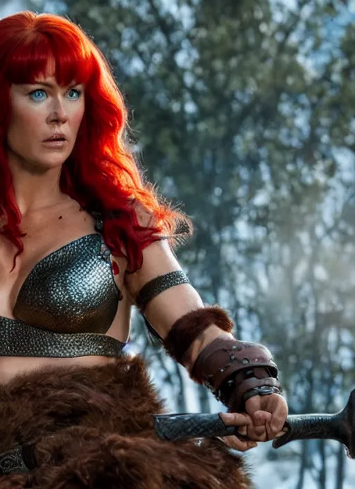 Prompt: red sonja in a hollywood movie, imax, realistic detailed realistic 8 k